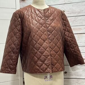 Brunello Cucinelli Cropped Quilted Pelle Leather Puffer Coat Jacket Brown Sz 46